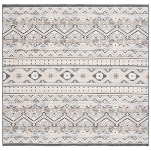 Sunrise Gray/Beige Black 7 ft. x 7 ft. Striped Geometric Reversible Indoor/Outdoor Square Area Rug