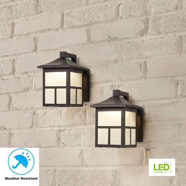 Hampton Bay 8 in. Black Integrated LED Hardwired Outdoor Wall Light Lantern Sconce Fixture with Frosted Textured Glass (2-Pack)