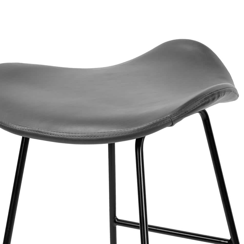 Modern Saddle-Style 25" Black Metal & Leather Backless Barstool