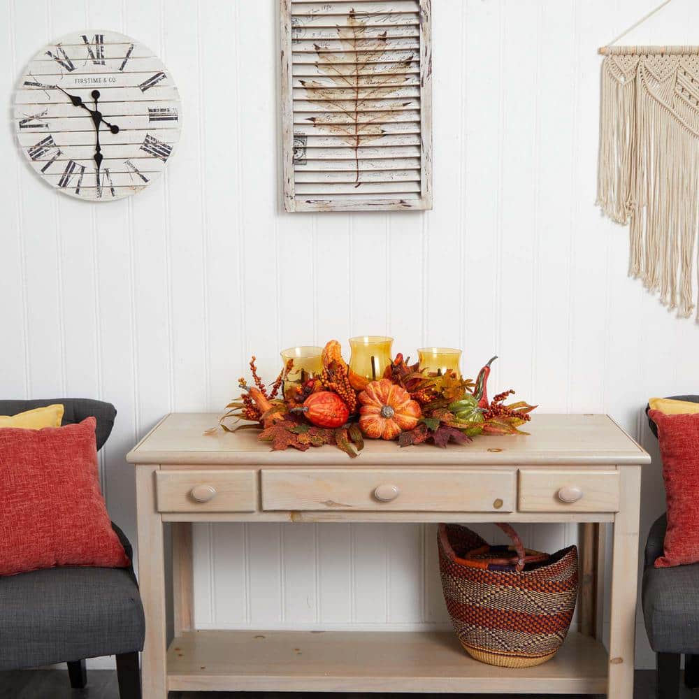 Harvest Triple Glass Candelabrum with Autumn Fruits and Foliage
