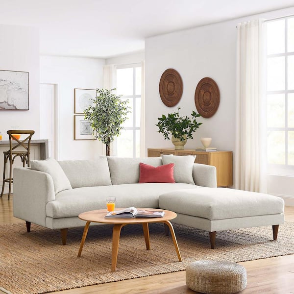 MODWAY Zoya Down Filled Overstuffed Sofa Arm Chair and Ottoman Set in Heathered Weave Ivory