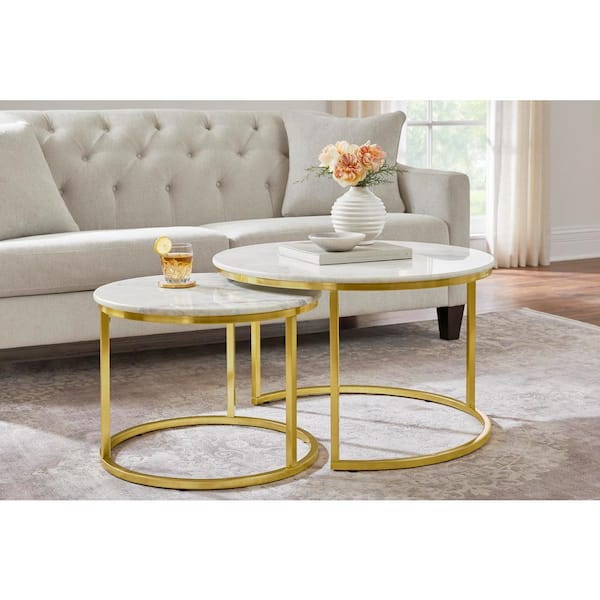 Home Decorators Collection Cheval 2-Piece 31 in. Gold/Marble Medium Round Marble Coffee Table Set