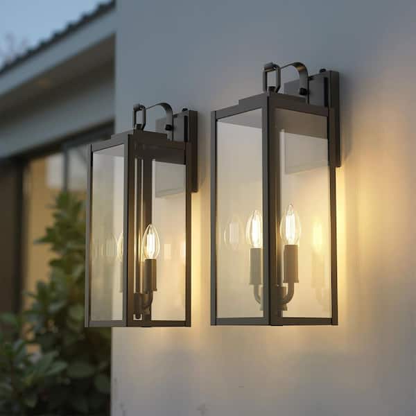 20 in. 2-Pack Modern Matte Black Outdoor Wall Sconce Lantern, Wall Light with Clear Glass Shades for Porches or Patios