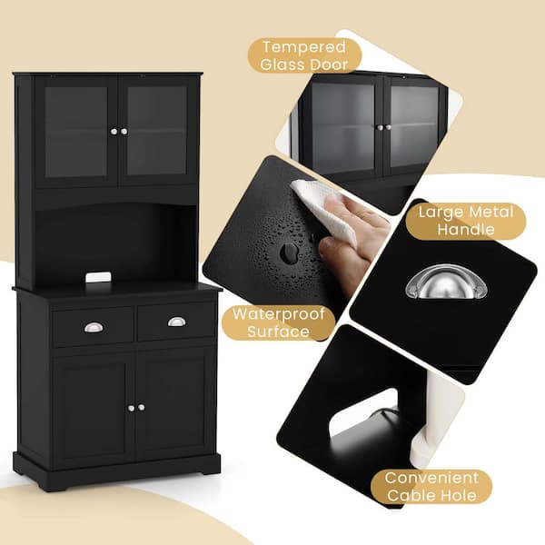 Costway Tall Storage Cabinet Kitchen Pantry Cupboard with Tempered Glass  Doors & Shelves Black