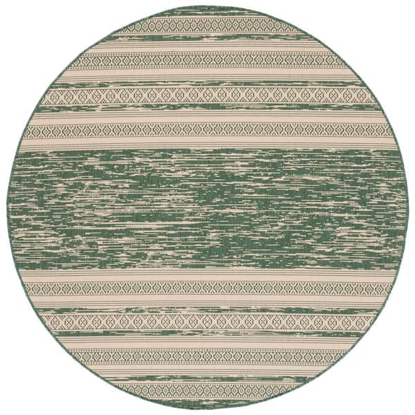 Courtyard Dark Green/Beige 7 ft. x 7 ft. Aztec Striped Indoor/Outdoor Round Area Rug