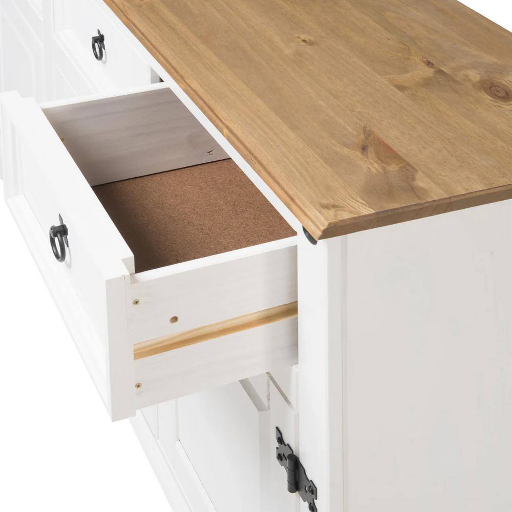 Distressed White Pine Wood Cottage Sideboard with Antique Brown Top
