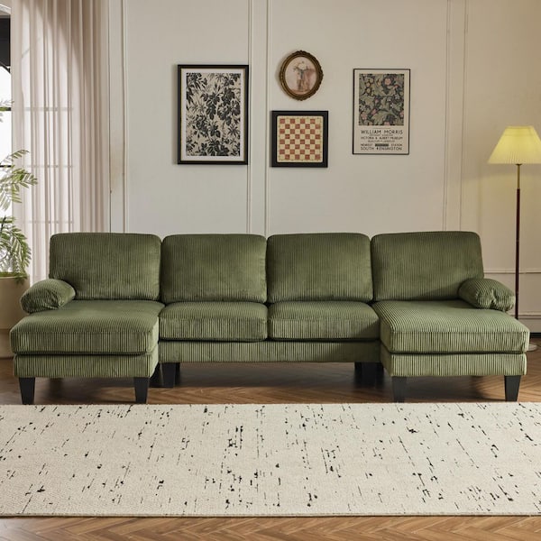 111 in. Pillow Top Arm 3-Piece U-Shaped Corduroy Mordern Sectional Sofa in Green
