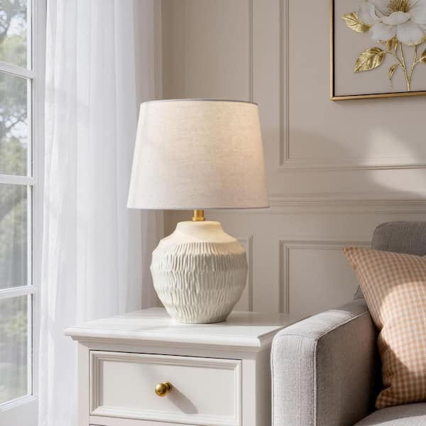 16.7 in. Cream Textured Ceramic Table Lamp with Beige Linen Shade for Living Room and Bedside