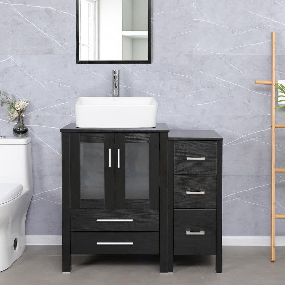 36 in. W x 20 in. D x 32 in. H Ceramics Single Sink Bath Vanity in Black with Black Top and Mirror Chrome Faucet Drain price history on PriceWatchPro