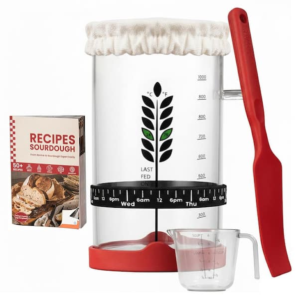 Sourdough Starter Kit 38 oz. with Cookbook, Measuring Cup, Spatula, Wide Mouth Jar Cover, Thermometer, Feeding Band