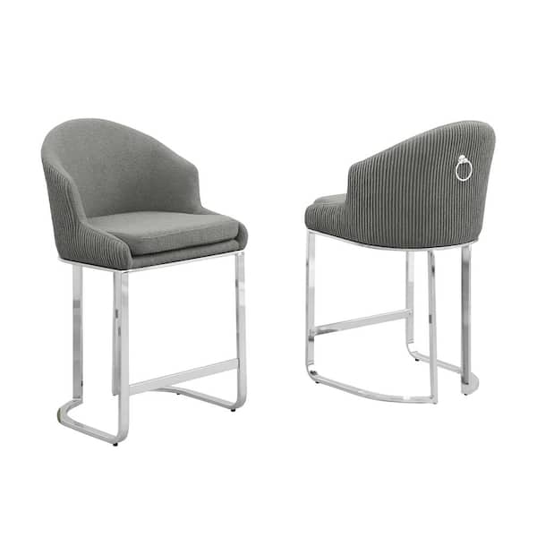 Best Quality Furniture Raul 24 in. Dark Grey Low Back Metal Frame Chrome Iron Legs Counter Stool With Teddy Fabric Set of 2