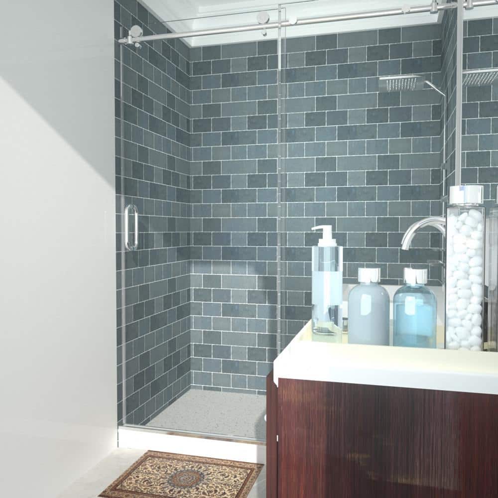 60'' Silver Semi-Frameless Sliding Shower Door with Clear Tempered Glass