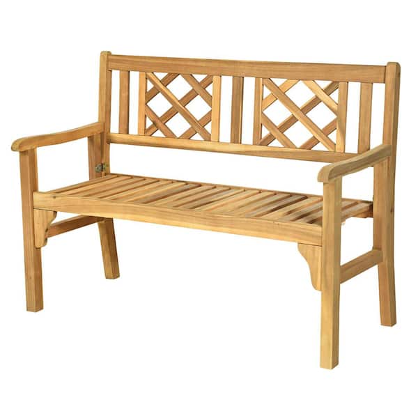 FORCLOVER Patio Foldable Wood Bench with Curved Backrest and Armrest