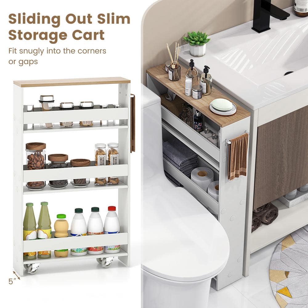 Rolling Kitchen White Slim Storage Cart Mobile Shelving Organizer with Handle - thumbnail 7