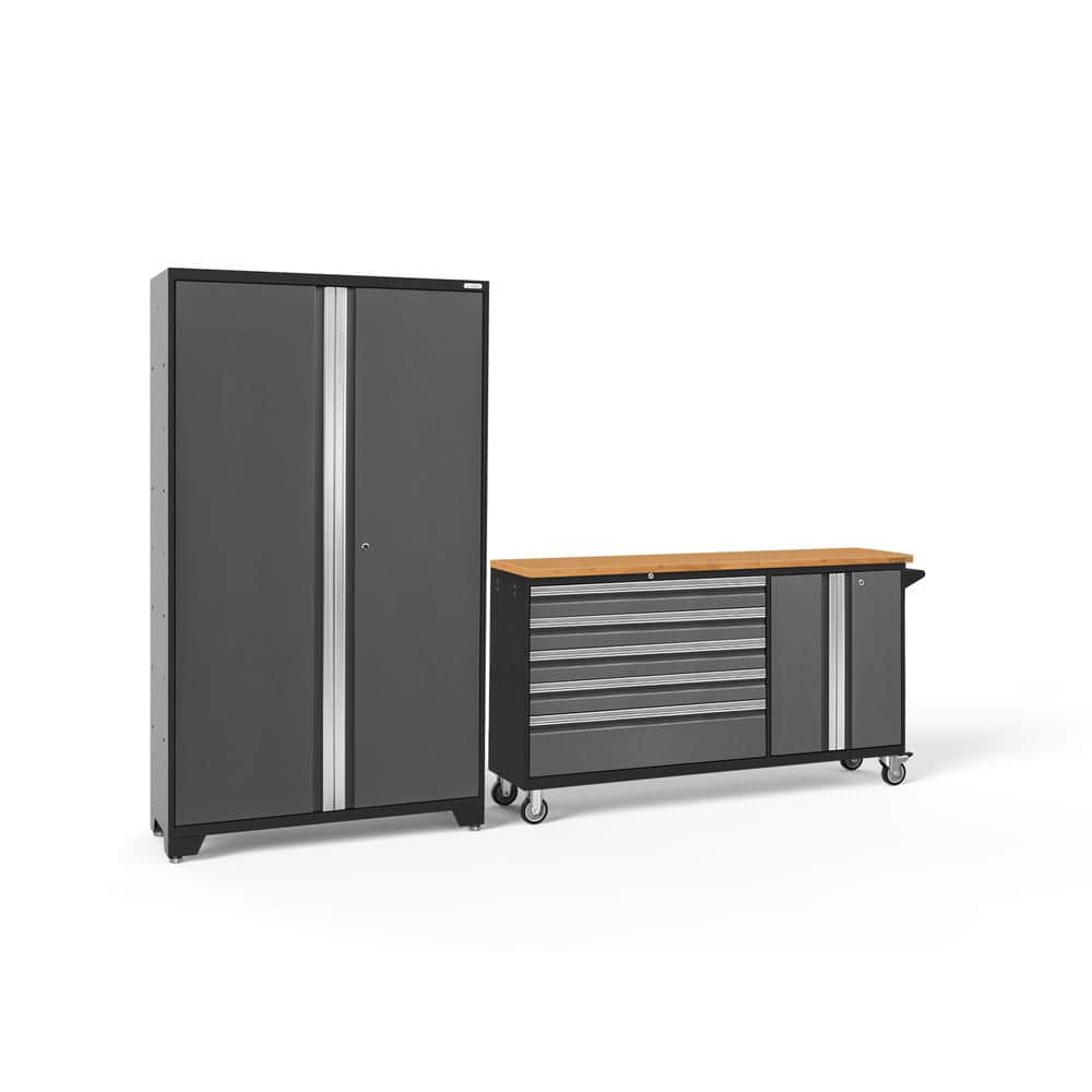 Gray Steel Lockable Garage Cabinet with Bamboo Worktop
