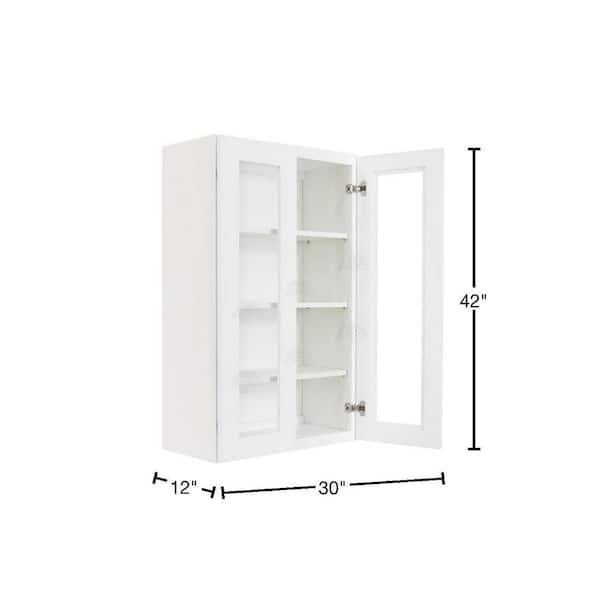 Lancaster White Plywood Shaker Stock Assembled Wall Glass Door Kitchen Cabinet 30 in. W x 42 in. H x 12 in. D