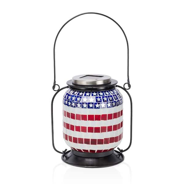 Alpine Corporation 7 in. Tall Hanging Solar Powered Outdoor Patriotic Lantern with LED Lights