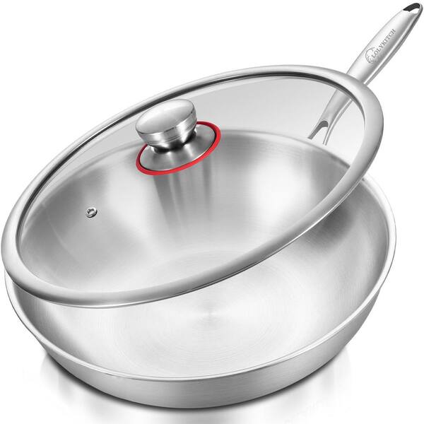 Large 13 in. Silver Stainless Steel Induction Wok with Lid, Dishwasher and Oven Safe, Heavy Duty and Detachable Handle
