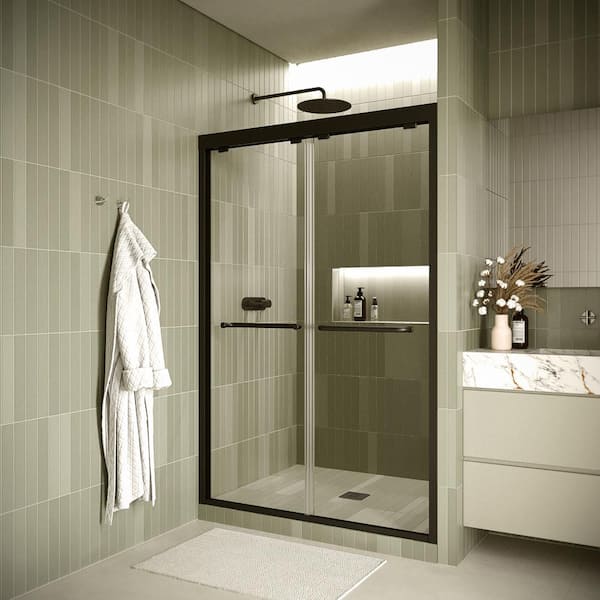 Streamline Otis 60 in. W x 74 in. H Sliding Shower Door, CrystalTech Treated 5/16 in. Tempered Clear Glass, Matte Black Hardware