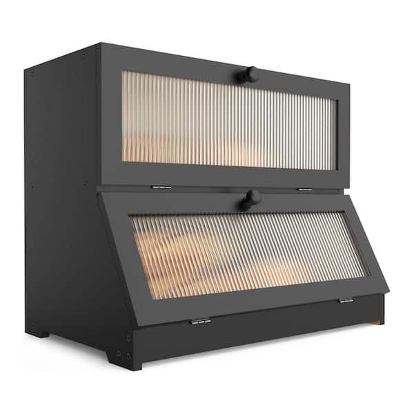 1-Piece Double Layer Bamboo Bread Box Set with Frosted Glass Window, Large Capacity Kitchen Counter Storage Container