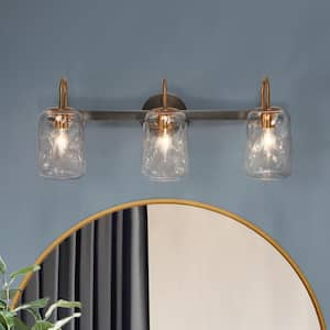 Modern Black and Brass Vanity Light 3-Light Contemporary Linear Bathroom Wall Light with Jar Textured Glass Shades