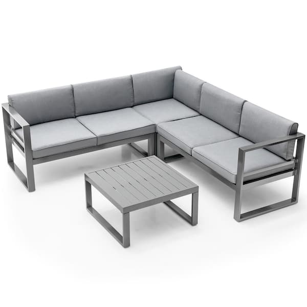 Costway 4-Piece Patio Furniture Set Aluminum Frame Loveseat Coffee Table Cushions Deck Grey