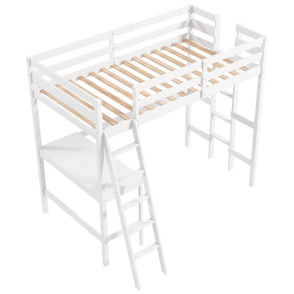 Costway White Twin Loft Bed Frame w/Desk Angled and Built-in Ladder Solid Wooden Frame