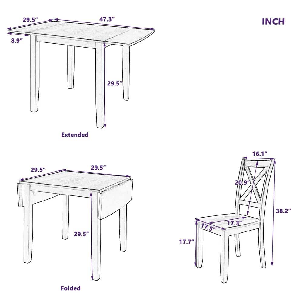 Espresso Solid Wood Drop Leaf Dining Table Set with X-Back Chairs