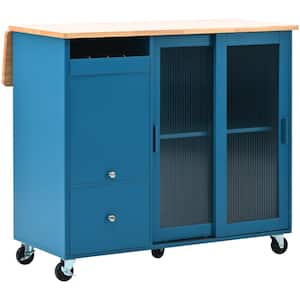 Navy Blue Wood 44 in. Kitchen Island with 2 Fluted Glass Doors and 1 Flip Cabinet Door, LED Lights, 5 Wheels, 2-Drawers