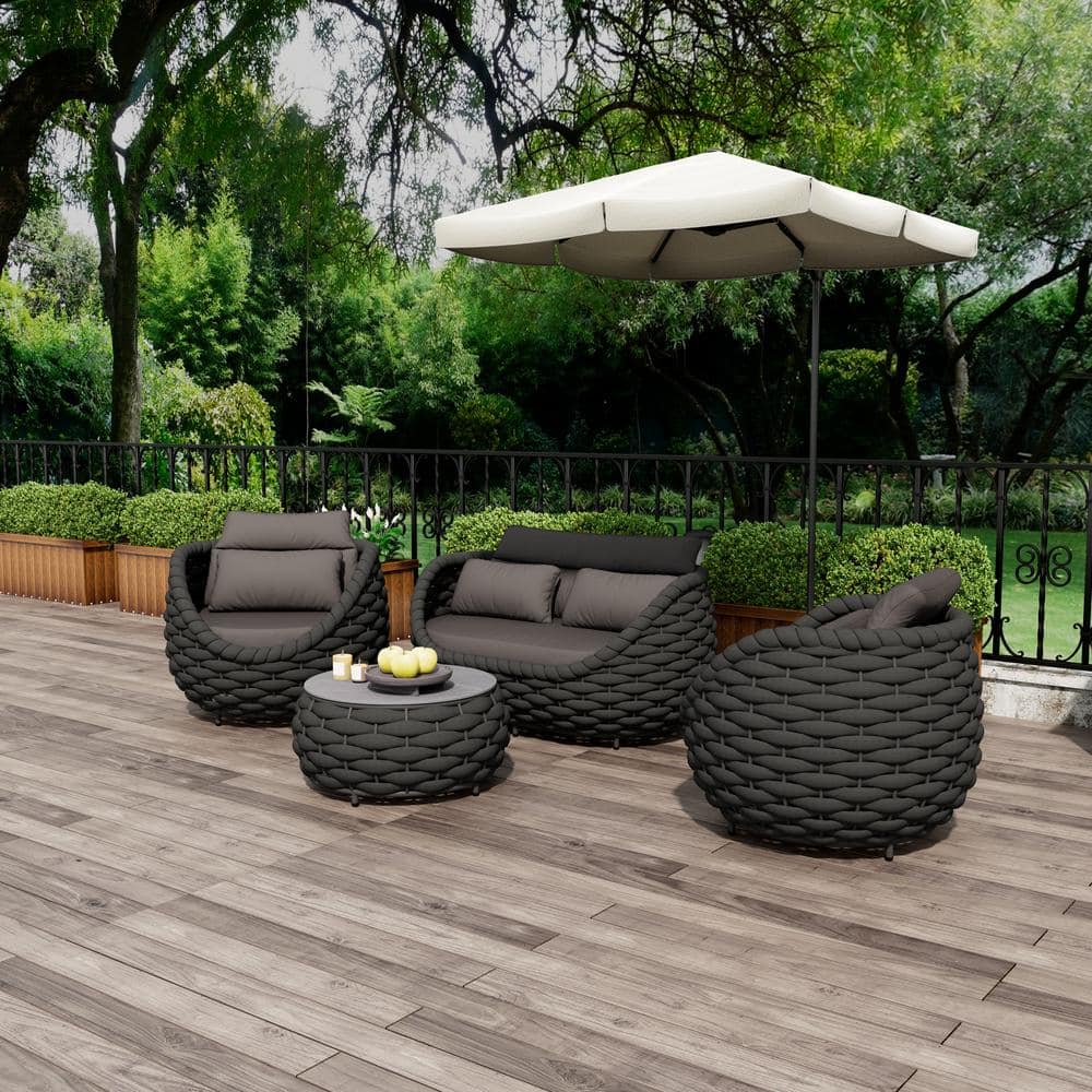TWT Bird's Nest 4-Piece Black Aluminum Hand-Woven Patio