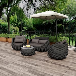 Bird's Nest 4-Piece Black Aluminum Hand-Woven Patio Conversation Sets Sectional Seating Set with Dark Gray Cushions