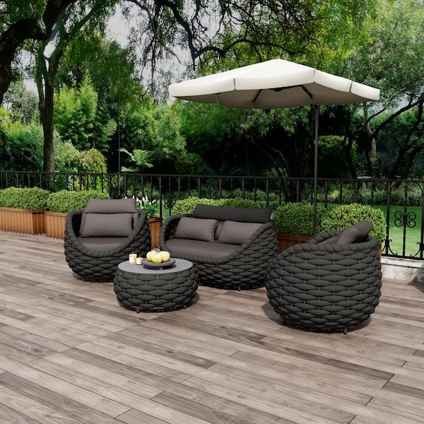 TWT Bird's Nest 4-Piece Black Aluminum Hand-Woven Patio Conversation Sets Sectional Seating Set with Dark Gray Cushions