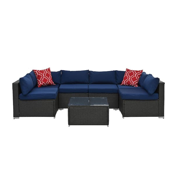 7-Piece PE Wicker Patio Conversation Set, Square Powder Coated Metal Tube & Tempered Glass Table with Blue Cushions