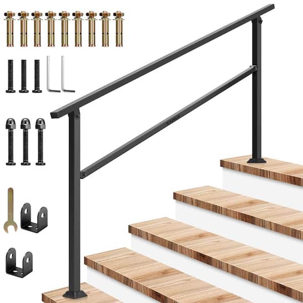 Angel Sar 69 in. x 36 in. Black Metal Outdoor Handrail, 5 Step Stair Handrail for Concrete Steps, Porch Steps, One-Step Assembly