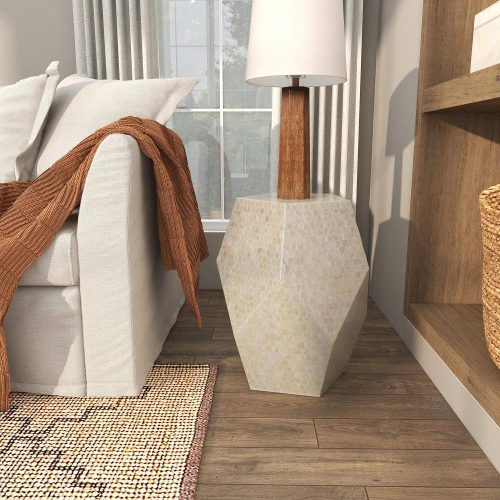 Elegant Cream Mosaic Shell & Wood Round Accent Table