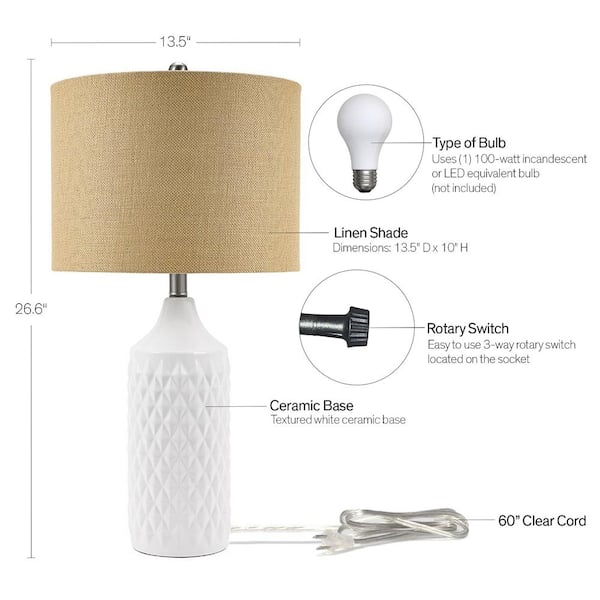 26 5 In White Ceramic Table Lamp With, 3 Way Table Lamps Home Depot