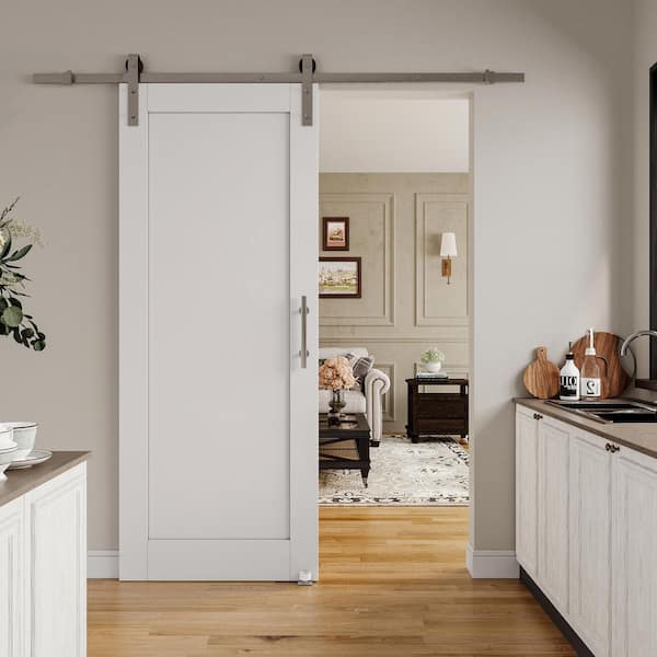 32 in. x 96 in. White 1-Panel Blank Solid Core Composite MDF Primed Sliding Barn Door with Hardware Kit Nickel Plated