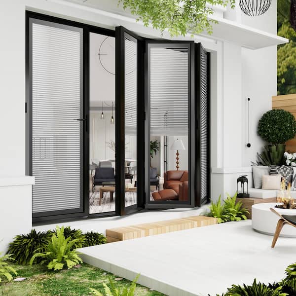144 in. x 96 in. Right Swing/Outswing Double Tempered Glass Black Louver Aluminum Folding Patio Door