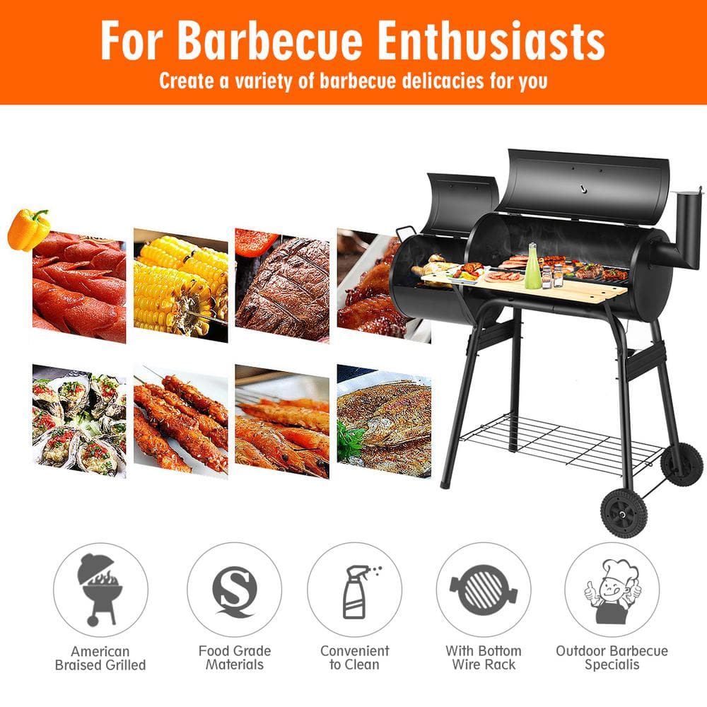 Black Steel Offset Charcoal Grill with Smoker and Wooden Shelf