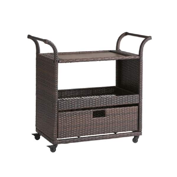 Phewnyzo Outdoor Patio Bar Polyethylene Rattan Serving Cart with Wheels and Storage Drawer in Brown