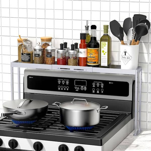 Spice Rack Shelf for Kitchen Stove, 4 Level Adjustable Height, Over the Stove Shelf for Curved Stove, Silver