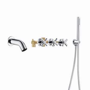 Contemporary Triple Handle Wall Mount Roman Tub Faucet with Hand Shower in Chrome