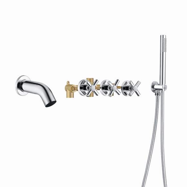 SUMERAIN Contemporary Triple Handle Wall Mount Roman Tub Faucet with Hand Shower in Chrome
