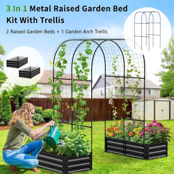 BOZTIY 3 in 1 Raised Garden Bed w/ 87 in. H Arch Trellis for Climb