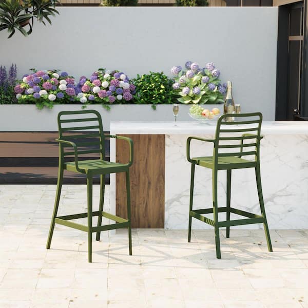 Frond and Form 29.5 in. Outdoor Patio All-Weather Olive Green Poly Plastic Stackable Bar Stool (Set of 2)