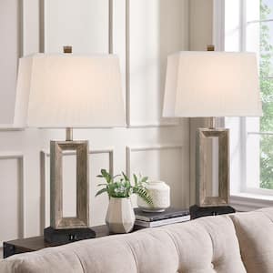27.4 in. Bronze and Wood Tone Table Lamp with Double USB Port and White Linen Shade (Set of 2)