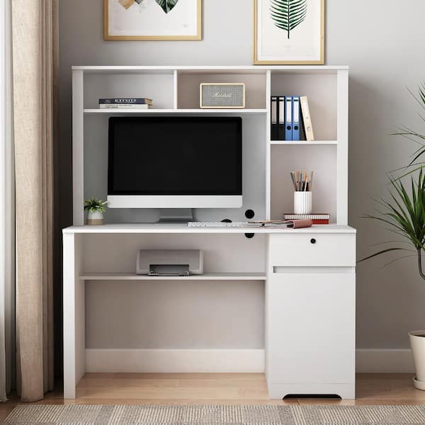 51.2 in. Rectangular White MDF Computer Desk with Bookshelf Writing Desk with Drawers, AC Outlets and USB Charging Ports
