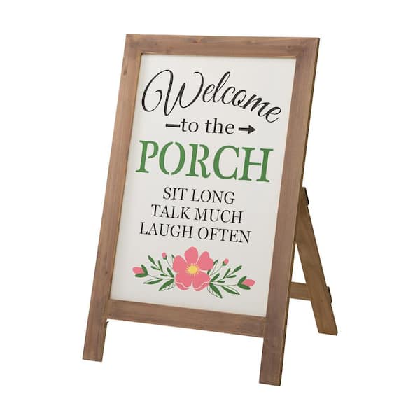 Glitzhome 29.75 in. H Welcome to the Porch Wood Framed Easel Porch Sign with Flowers