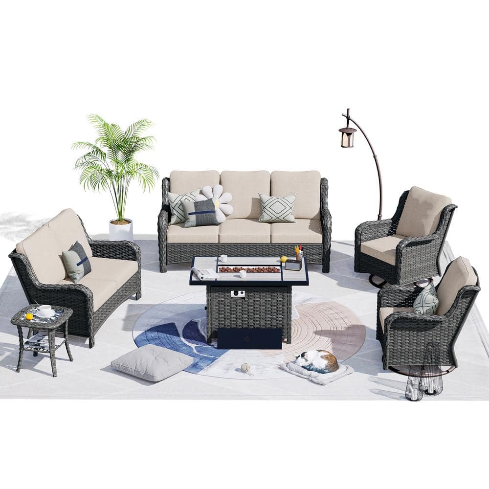Mercury Gray 6-Piece Wicker Patio Rectangle Fire Pit Conversation Seating Set with Beige Cushions price history on PriceWatchPro