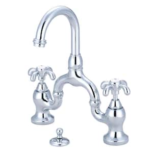French Country Bridge 8 in. Widespread 2-Handle Bathroom Faucets with Brass Pop-Up in Polished Chrome